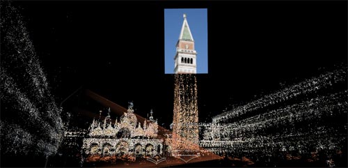 A 3D space showing a photograph of the tower with pointillistic representations of the rest of the piazza. 