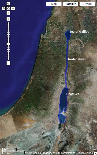 Satellite image from Google Maps with the Sea of Galilee, Jordan River, and Dead Sea highlighted