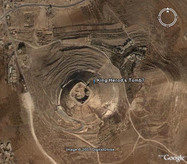 Satellite image of Herodium showing the possible location of King Herod’s tomb on the northeast slope. Image copyright Google.