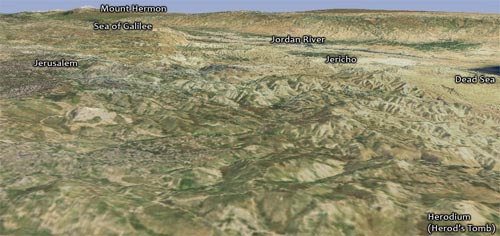 View of Herodium showing the Dead Sea, Jericho, the Jordan River, the Sea of Galilee, Mount Hermon, and Jerusalem.