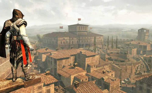 The main character in Assassin’s Creed II surveys a detailed Renaissance urban landscape.