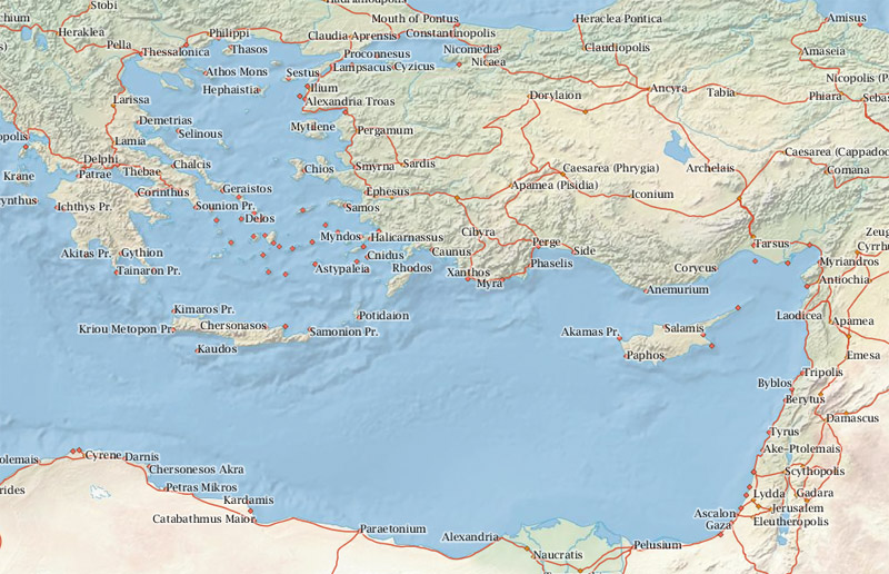 A view of the Mediterranean, including Roman cities and roads, from ORBIS.