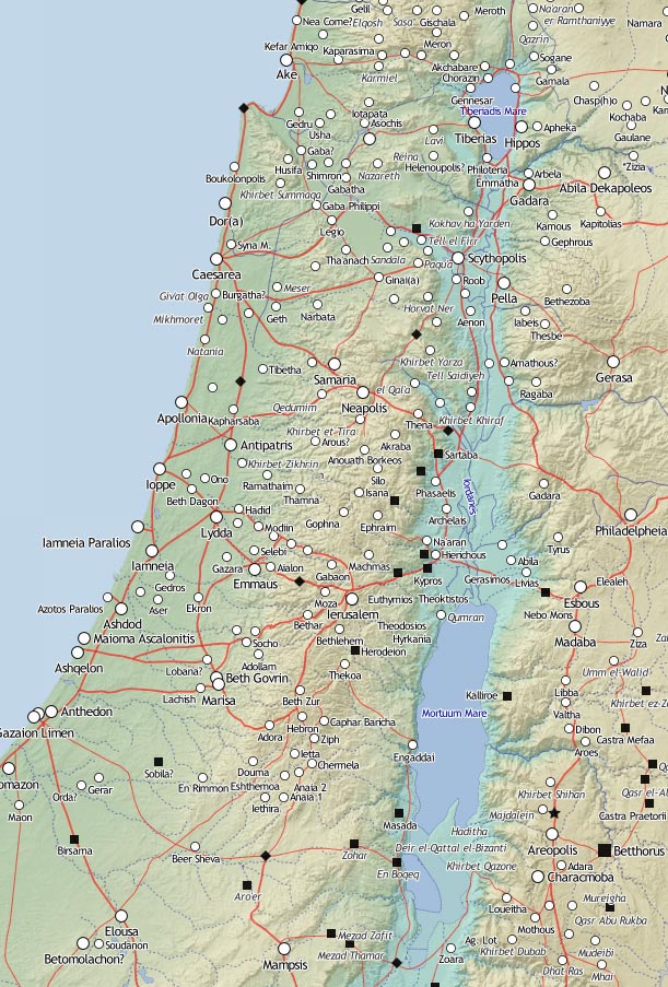 Terrain-shaded map of Roman Palestine (Israel) showing topography, cities, roads, and other features.