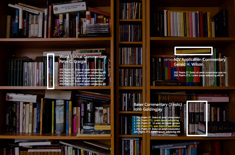 Bookshelves appear behind holographic text showing search results from three books on the shelves.