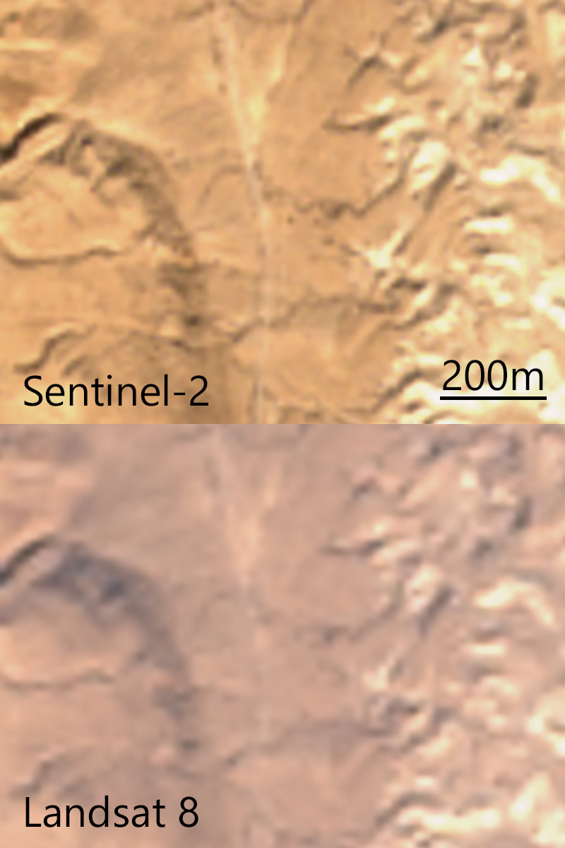 Sentinel-2 shows more washed-out colors at a higher resolution than Landsat 8.