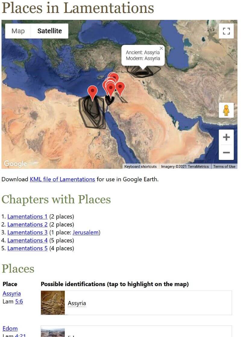 A map of places in Lamentations, along with the features described above.