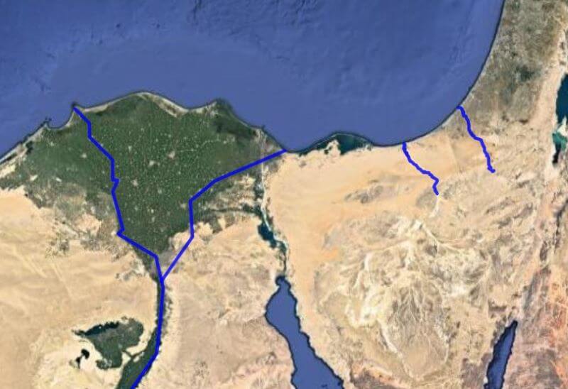 A satellite view shows four possible identifications for the biblical Brook of Egypt.