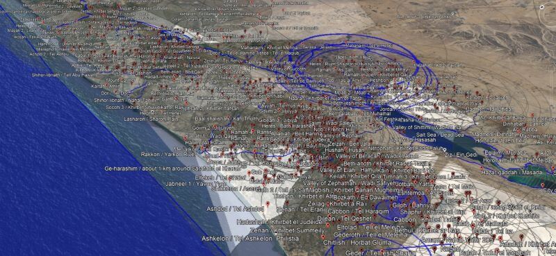 A screenshot of Google Earth shows hundreds of placemarks near the Dead Sea.