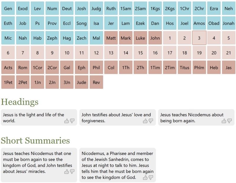 A screenshot of the tool, with books and chapters in a grid at the top followed by "Headings" and "Short Summaries" with AI-generated content.