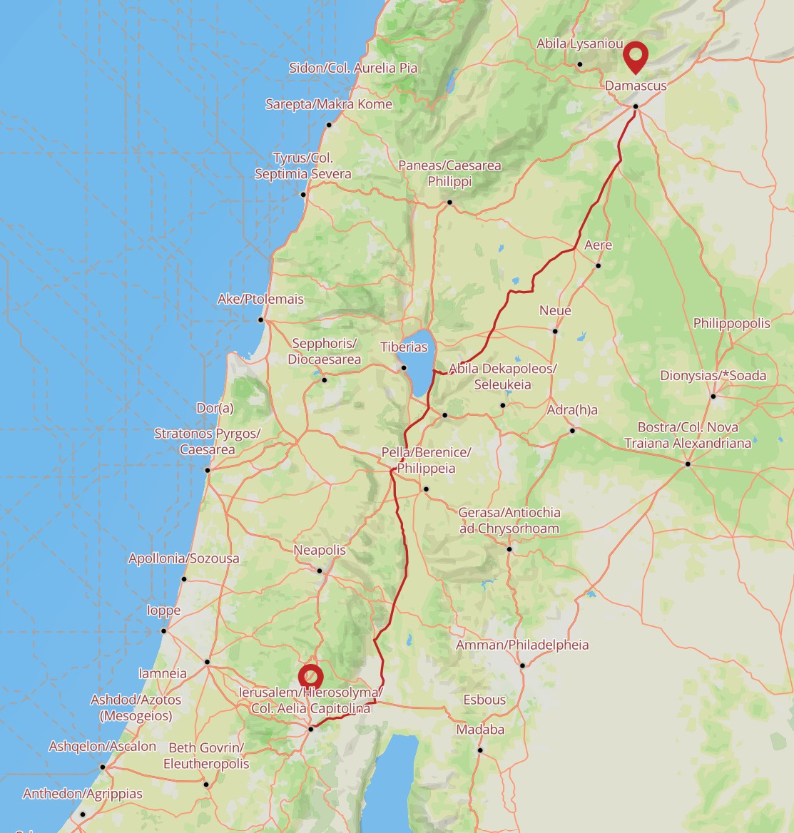 A screenshot of Itiner-e highlights the road from Jerusalem to Damascus.