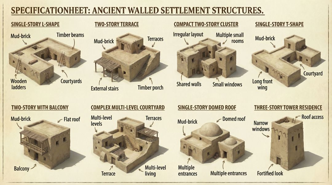 A spec sheet showing 8 specimen residences in ancient Israel.
