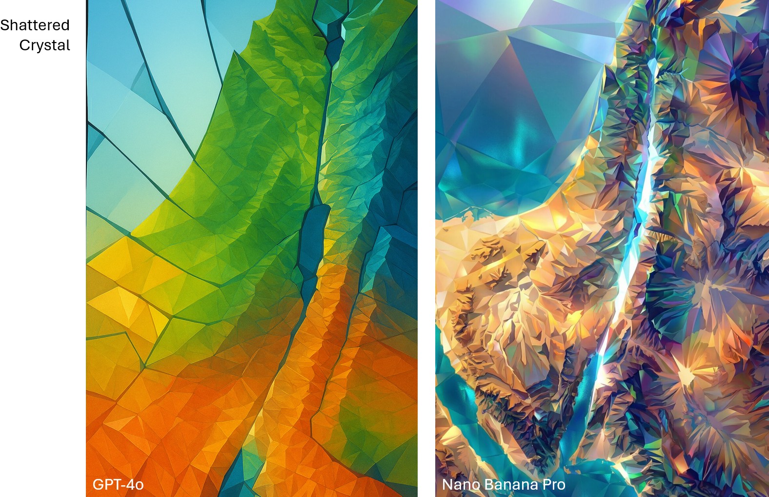 GPT-4o has simpler, more rainbow colors, while, Nano Banana Pro embraces the jeweled "crystal" look.