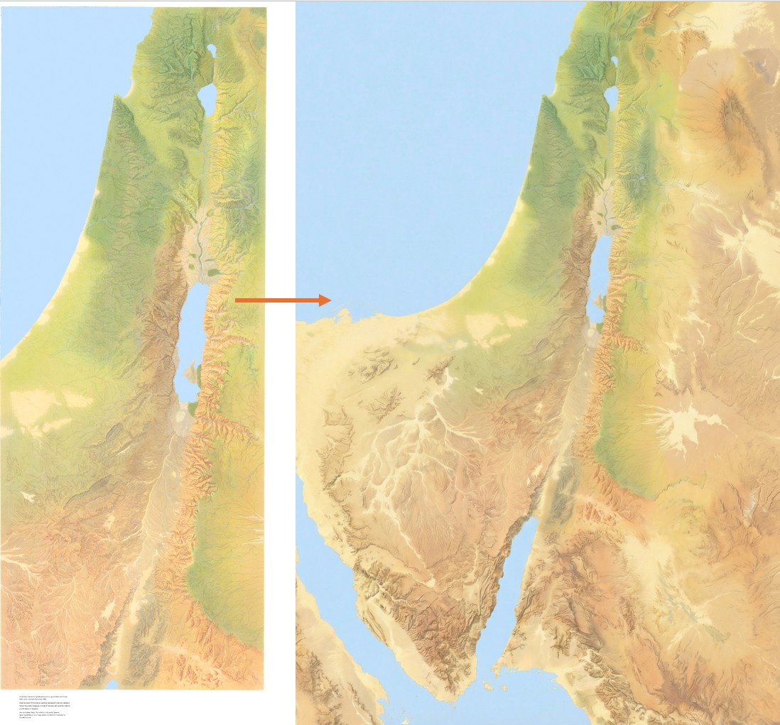 The original Holy Land illustration by Kenneth Townsend on the left, extended east, south, west, and slightly north by Nano Banana. The look and terrain it created are accurate.