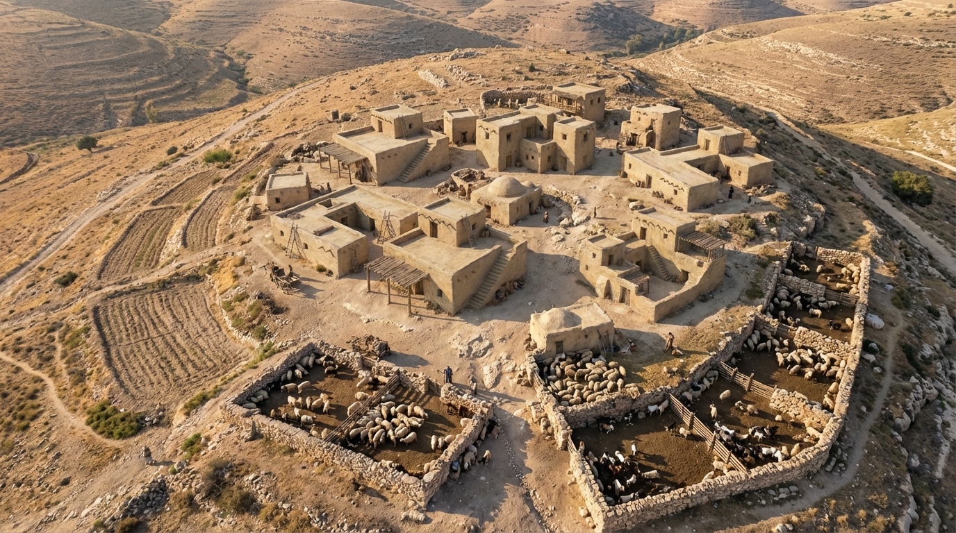 A photorealistic rendering of a shepherding community in ancient Israel.