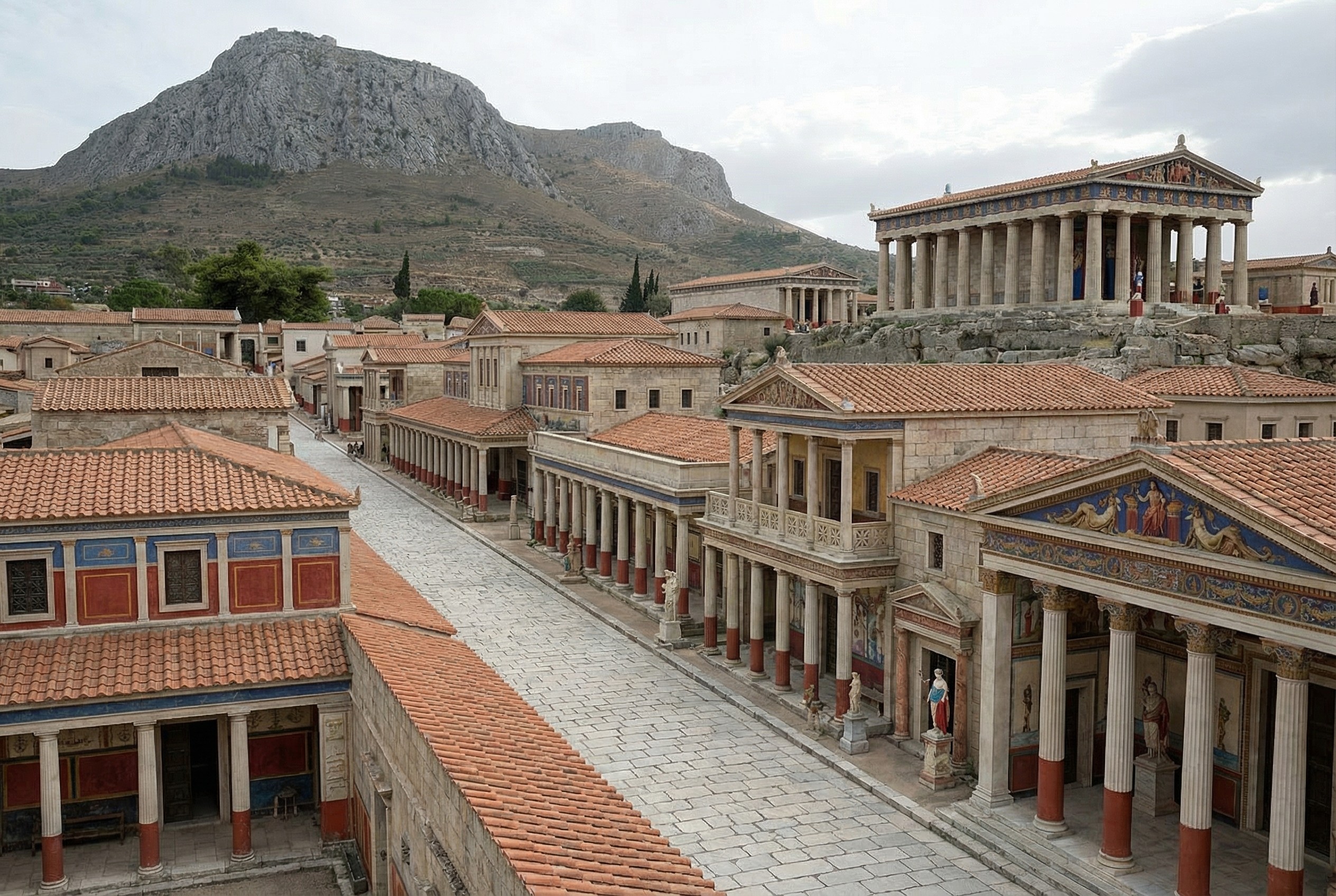 A virtual reconstruction of a street-level view of Corinth, with Acro-Corinth and a temple in the background.