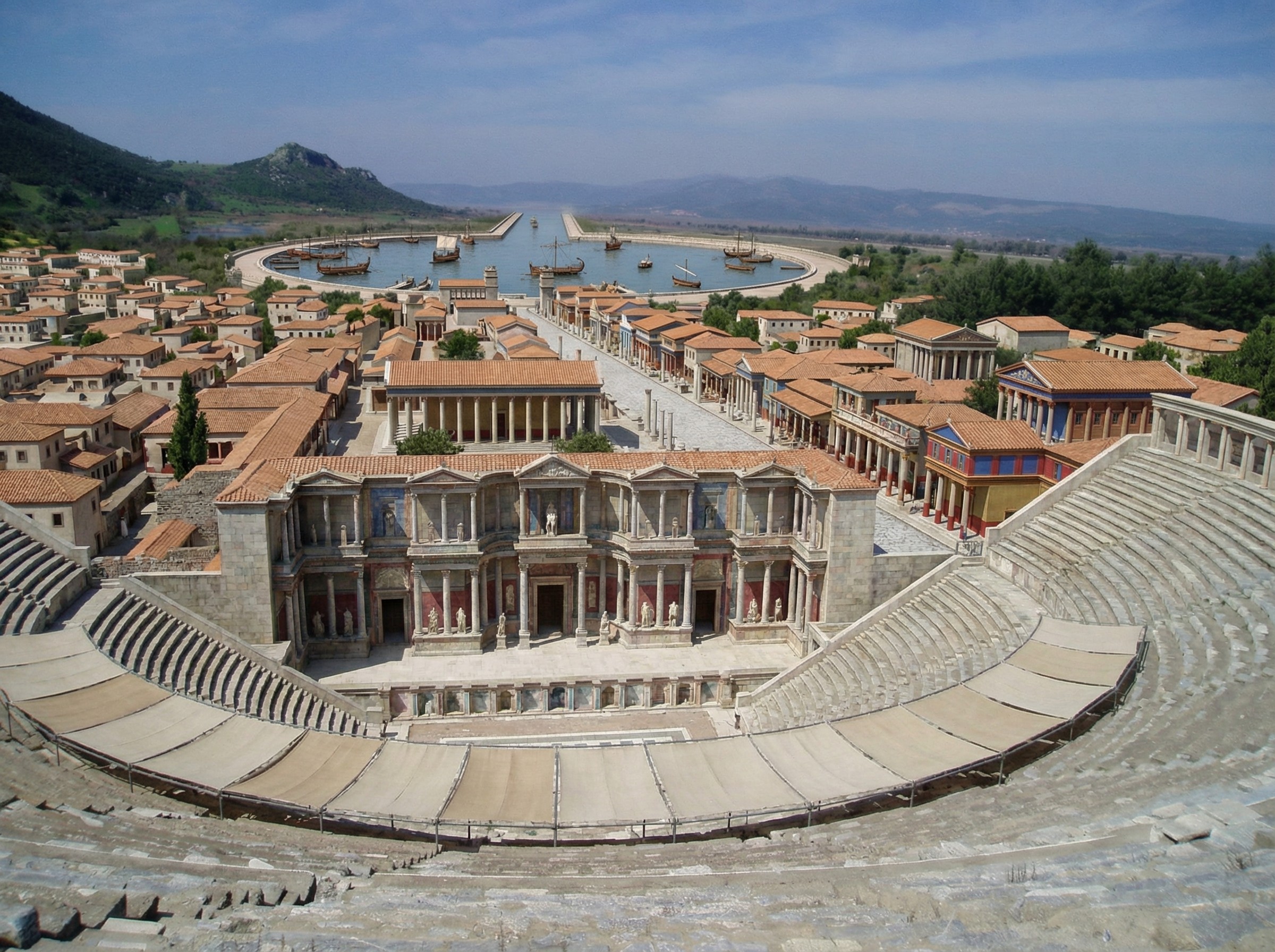A virtual reconstruction of ancient Ephesus from the top of the theater, with brightly colored buildings.