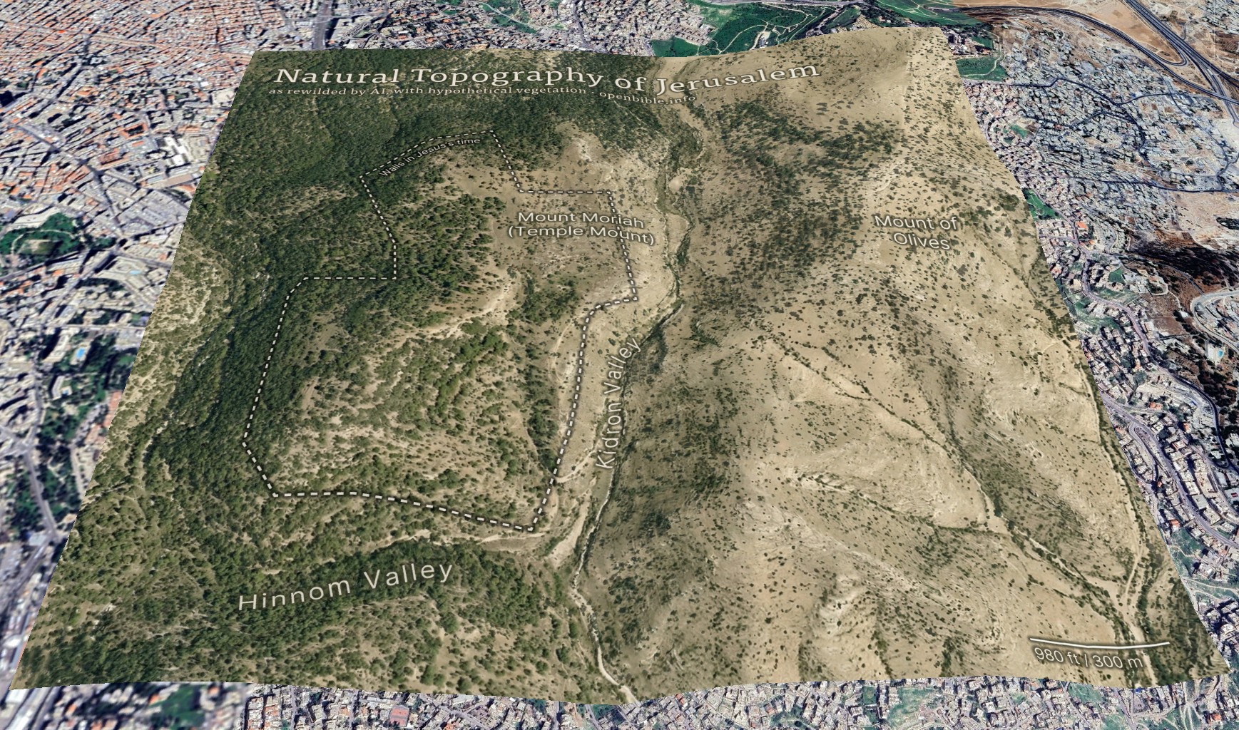 The Natural Topography of Jerusalem map overlaid in 3D on Google Earth.