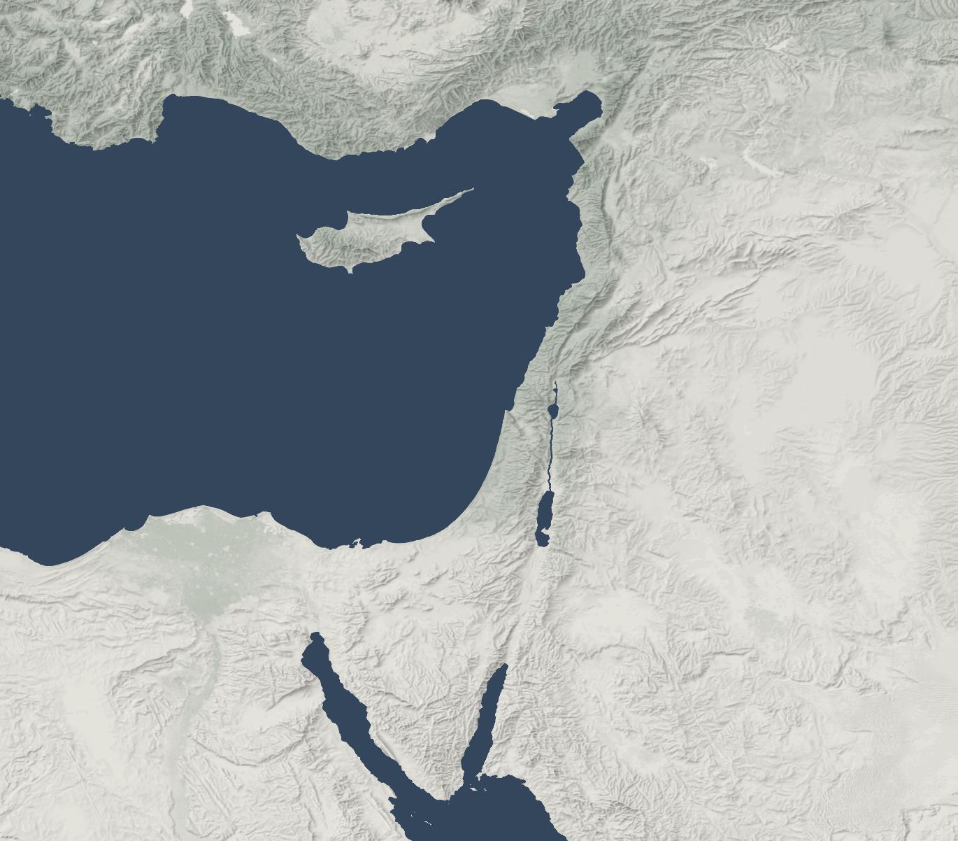 Regional view of the eastern Mediterranean with a light gray base layer, dark blue water, hillshading, and light green vegetation. Coastline data is (c) OpenStreetMap and its contributors.