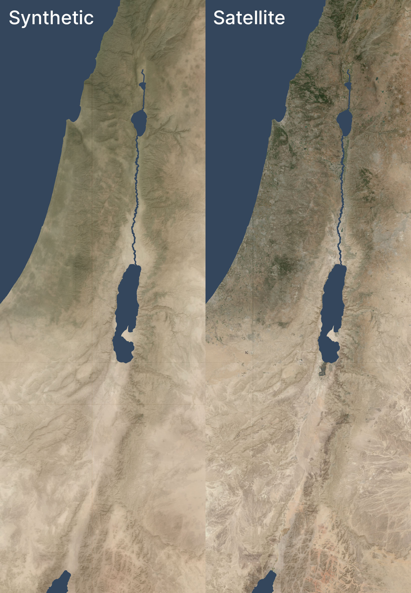 A side-by-side view of a synthetic satellite view of Israel and a real satellite view.