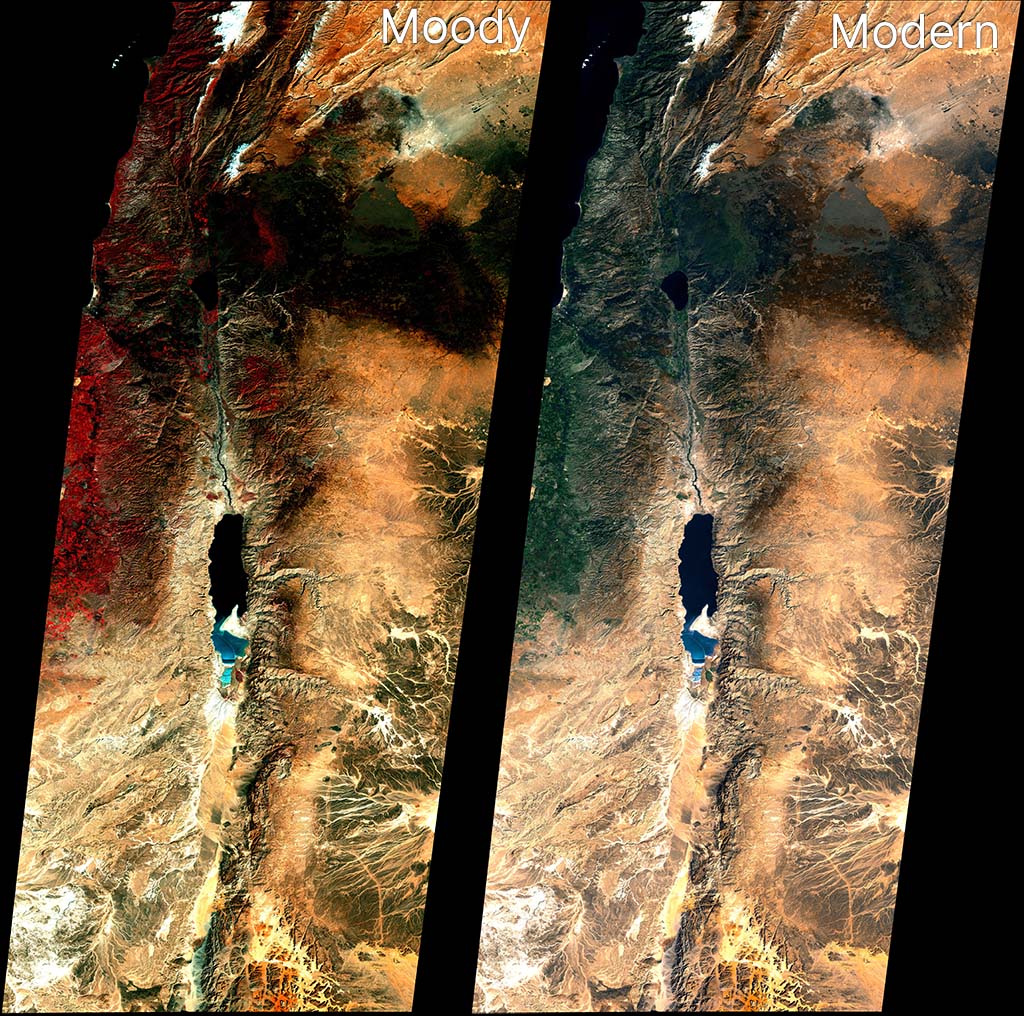 Landsat 1 views of modern Israel and some of Jordan and Lebanon from 1973. On the left is a recreation of the image from the Moody Atlas of Bible Lands from 1985, showing saturated colors, red vegetation, and dark areas. On the right is a more modern take, with green vegetation and less-saturated coloring.