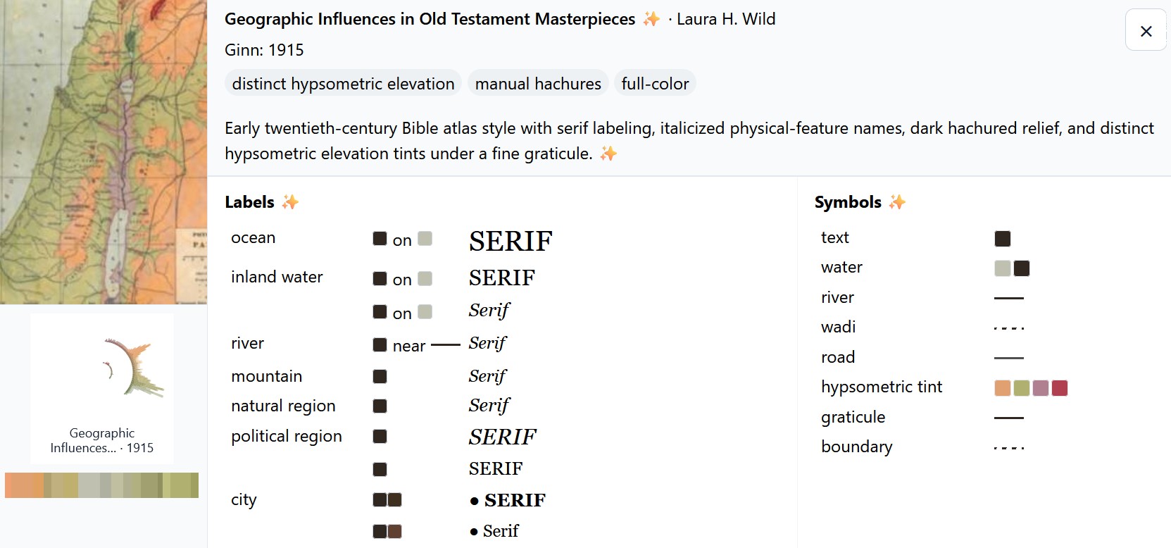 An AI-generated summary that shows the styles used in a particular map, including the labels and symbols.