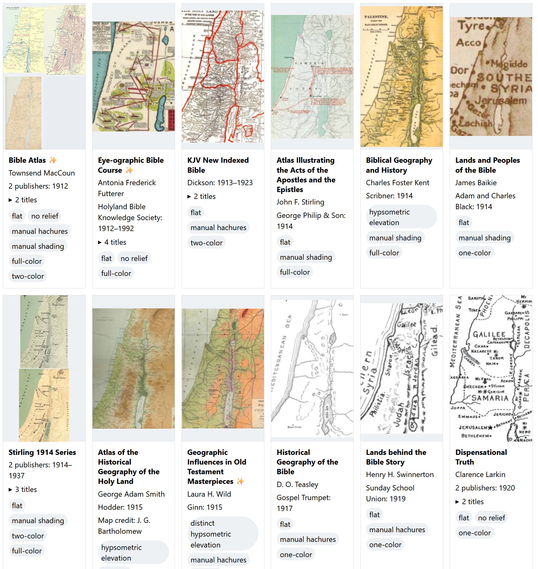 Two rows of Bible maps showing thumbnails and various data about them.