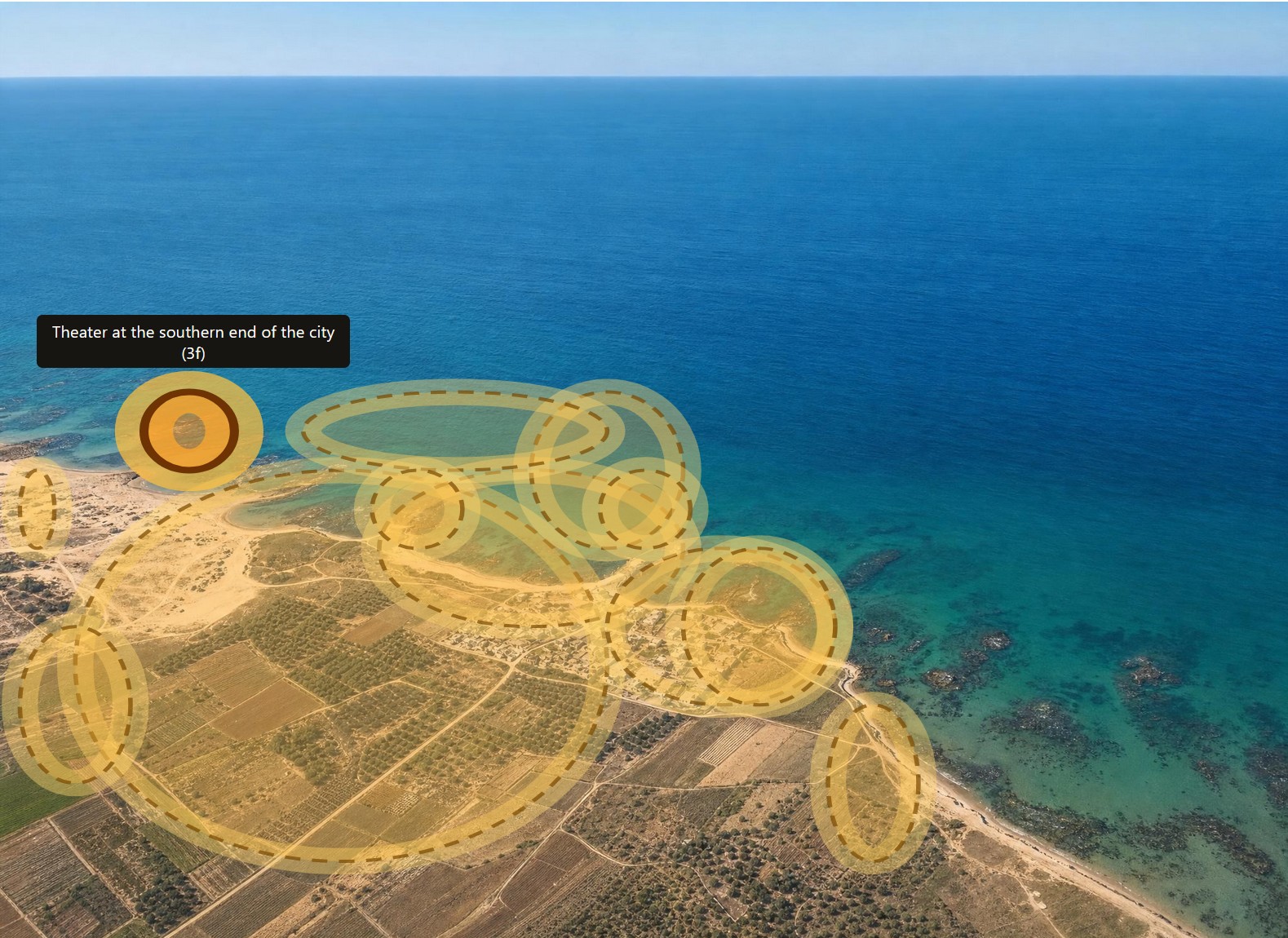 An AI interpretation of a circa-1917 photo of Caesarea shows outlines of features indicated in the text of the book, including a highlighted "Theater at the southern end of the city."