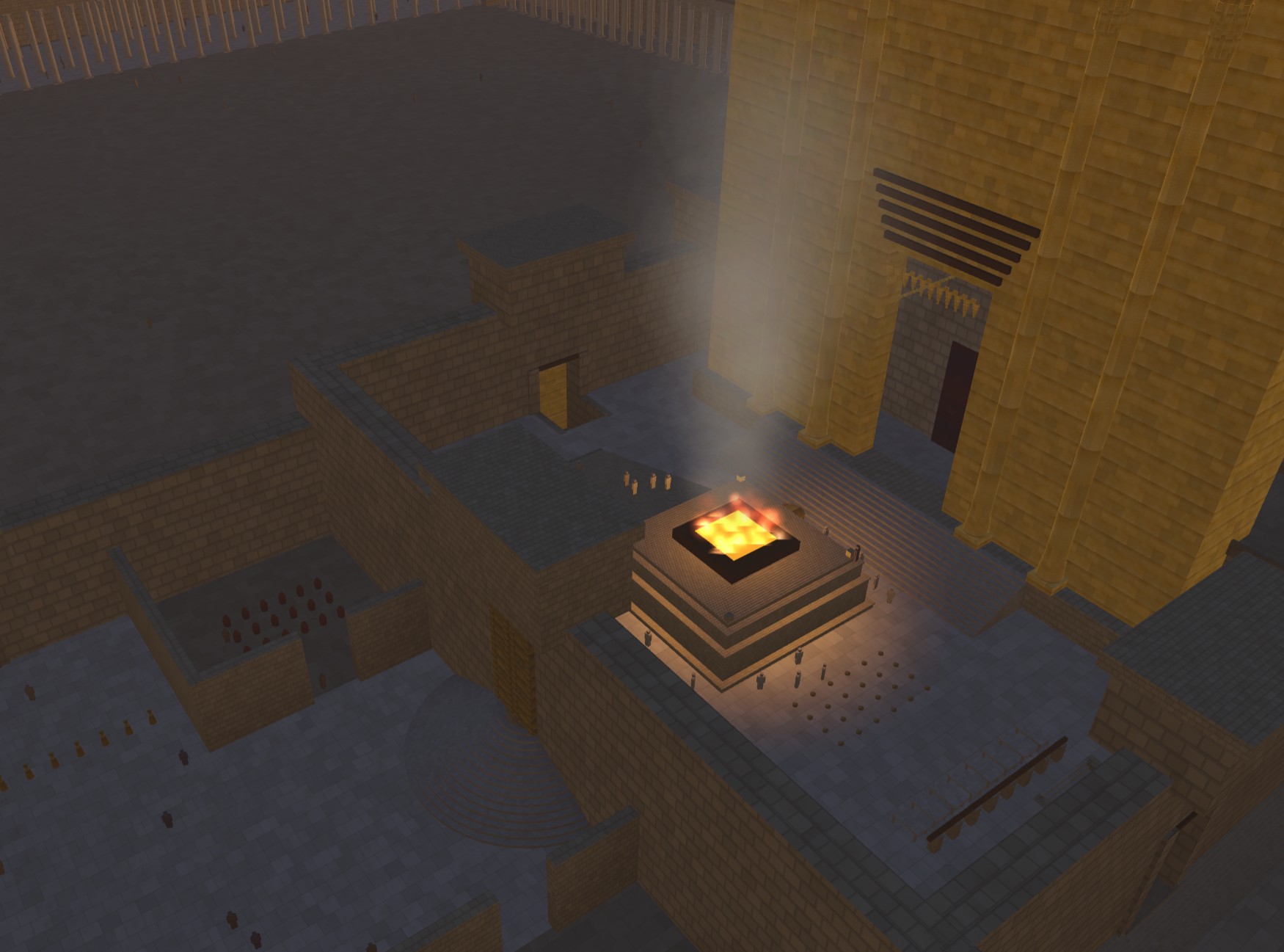 An overhead view of the altar area, taken at simulated evening.