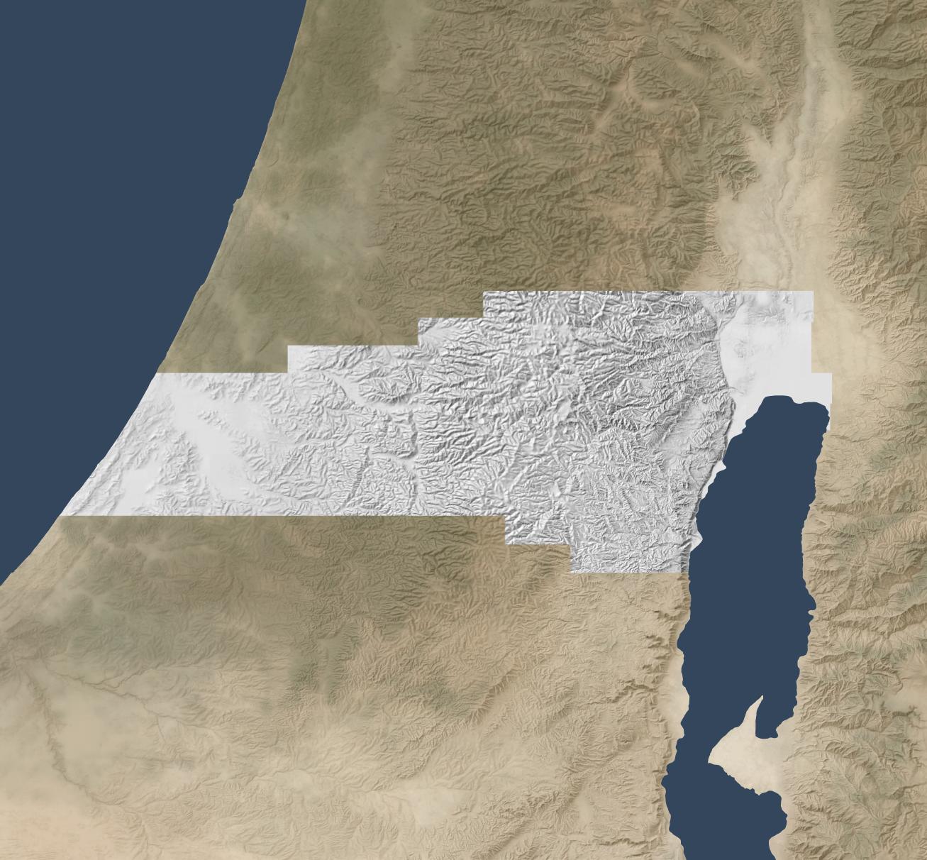The hillshade stretches from the Mediterranean to the Jordan River in the area around Jerusalem.