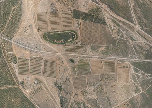 Archive record 307k: West of the Rechowot colony (Khirbet Daran), with a pool and Khirbet Hermas