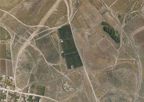 Archive record 307r: West of the Rechowot colony (Khirbet Daran), with a pool and Khirbet Hermas