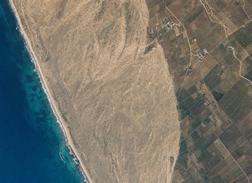 Archive record 70a: Schech Muannis and surroundings: mouth of the Nahr el-Auja, sea, sand dunes, Dscherische-Furt