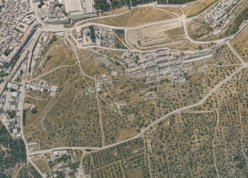 Archive record 803b: C. Jerusalem, partial views of the Old and New City (more or less vertical photographs) with a narrow field of view: Russian Colony, Jaffa road, Birket Mamilla, Ratisbonne School, like no. 799 with southeastern continuation to the Citadel, Birket es-Sultan, station