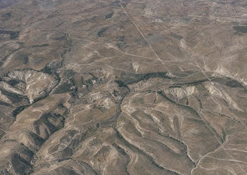 Archive record 920: Judean Desert and Wadi en-Nar (continuation of the Kidron Valley) west of Deir Ibn Obed (Theodosius Monastery), with Khirbet Dschochdum and Khirbet el-Machrum