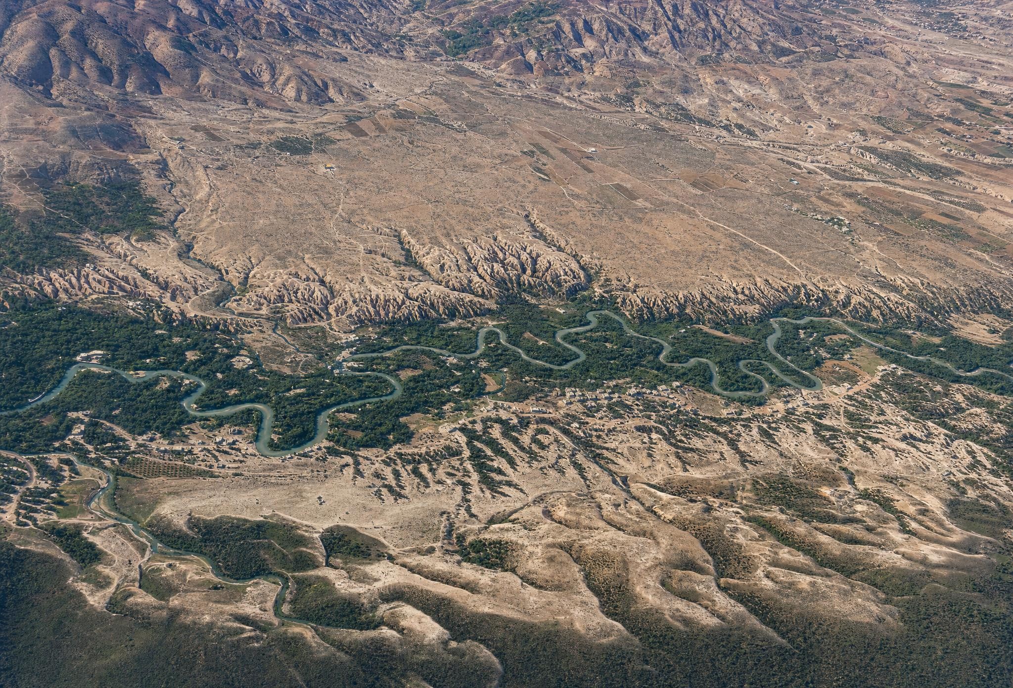 The Jordan and the Jabbok (Nahr ez-Zerka). Aerial oblique. View toward the west.