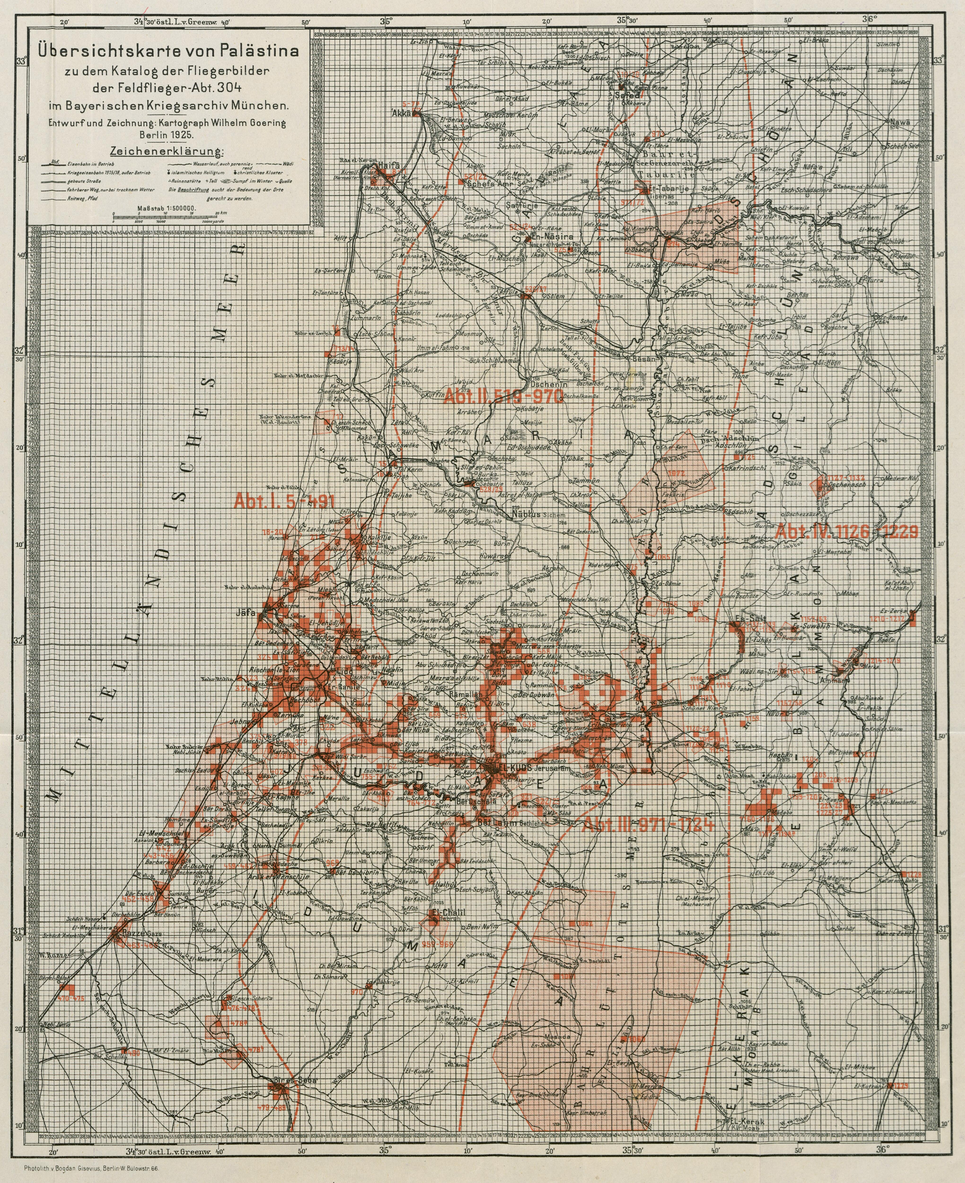 1925 overview map of Palestine for the aerial-photograph catalog, showing catalog coverage in red over railways, roads, watercourses, settlements, and terrain