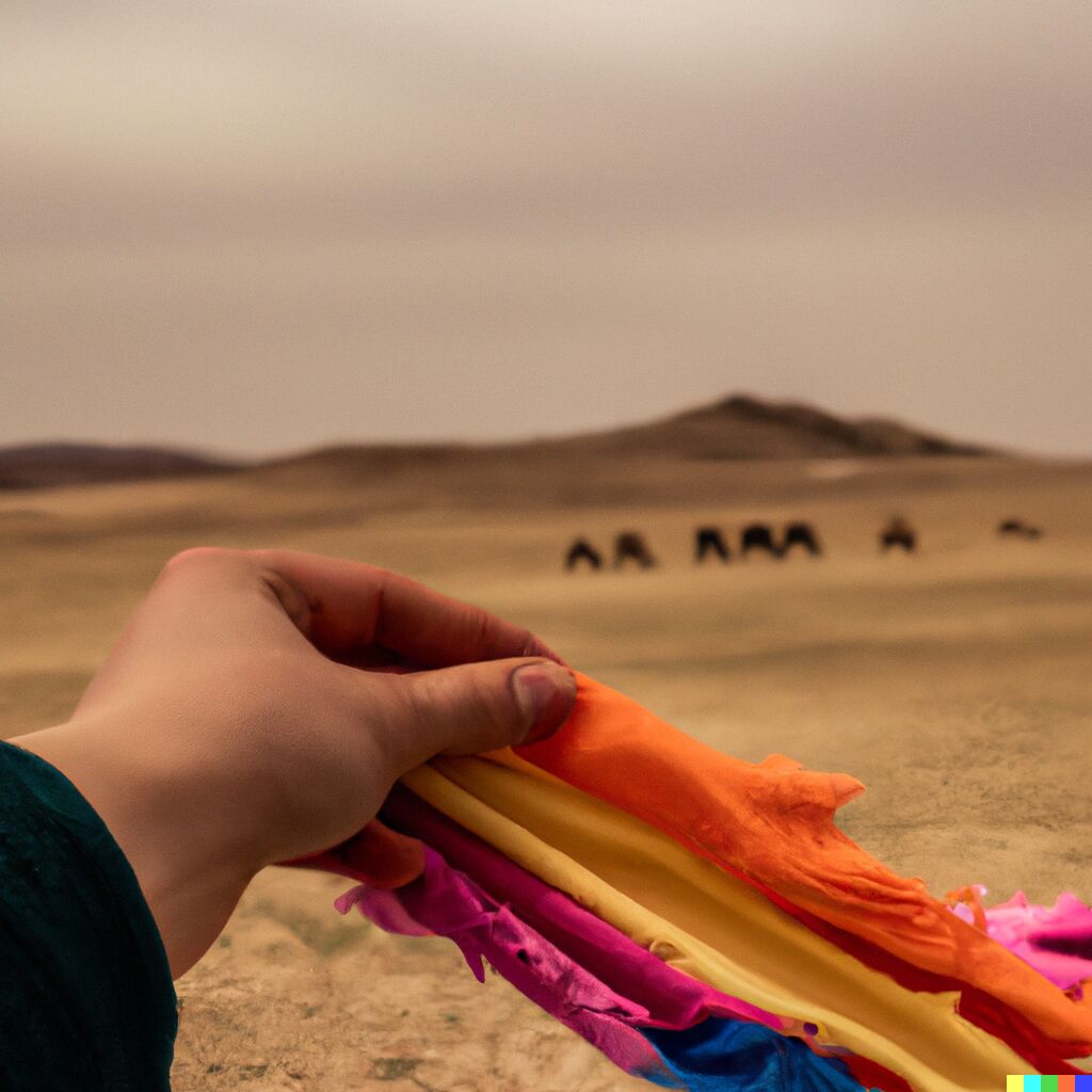 DALL·E 2: A hand holding colorful rags in the foreground, while in the distance a caravan of camels recedes into the hills. The background has muted colors, while the foreground is dark and vibrant.