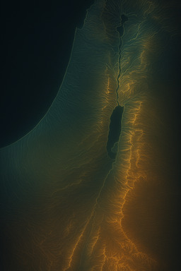  A terrain map where elevation lines faintly glow against a dark background — each contour illuminated like a heatmap but in elegant golds and teals. Topography pops vividly without losing realism.