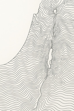 A single unbroken black line flows across the whole map, spiraling and folding to sketch out the terrain. Elegant, abstract, but still clearly showing mountains, rivers, and coastline shapes.