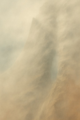  A conceptual, soft-focus terrain map where mountains and valleys gently emerge from layers of mist. Faded earth tones, blurred contours, highly atmospheric but still map-accurate.