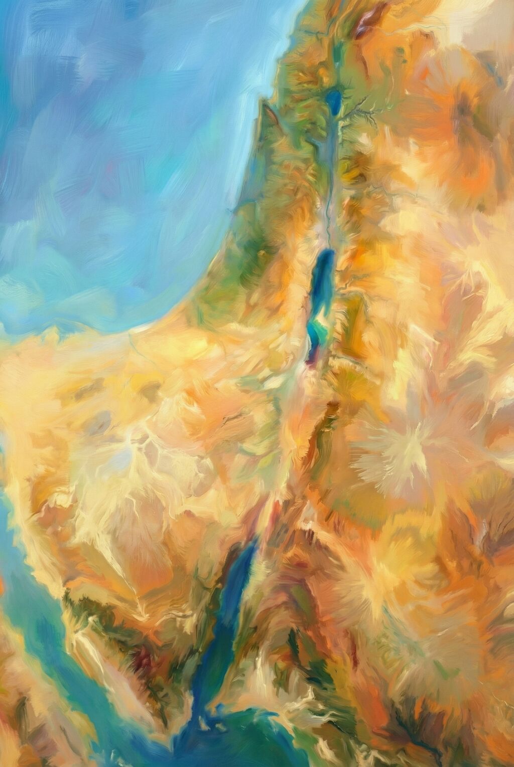 A painterly map of ancient Israel with loose impressionist brushstrokes—coastlines slightly softened, hills suggested with light and color, not hard lines. Luminous and organic but recognizable as a map.