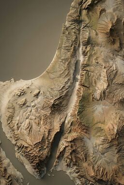  A finely structured map where terrain is rendered with sharp, high-fidelity detail — hills and rivers modeled almost like sculptures, organized cleanly within a perfectly composed layout — emphasizing classical ideals of balance and proportion.