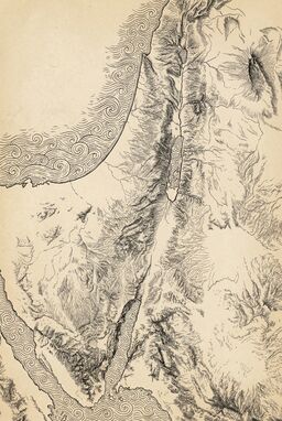  A classic nautical chart version of ancient Israel: delicate hatch shading for elevation, wave patterns for the sea. Traditional ink drawing with beige background.