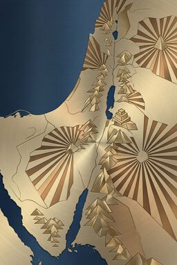  A map of ancient Israel drawn with crisp Art Deco styling—streamlined coastlines, geometric hills, bold sunburst shading behind mountains. Muted metallic color palette: gold, bronze, deep blue.