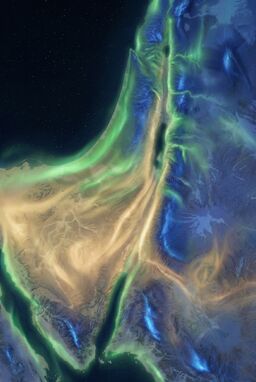  A dreamlike map where terrain zones glow and fade like aurora lights — deserts pulse in sandy gold, river valleys shimmer green, rocky regions hum with deep cobalt — atmospheric and kinetic.