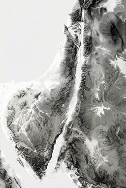  A map in powerful monochrome (dark grays and bright lights) — mountains dark and jagged, valleys bright and clean — bold energy without any color at all.