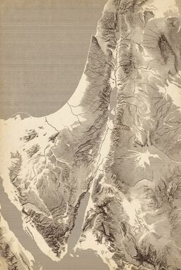  A horizontal-line map where rivers are suggested by subtle breaks in the lines — thin gaps where water cuts through the landscape — the land stitched together by flow and fracture.