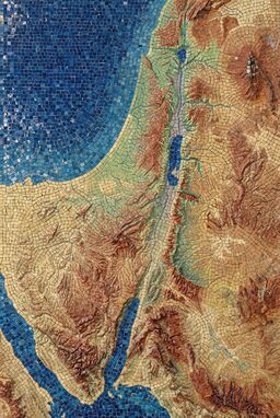  A terrain map built from thousands of tiny color tiles — deep blues for the sea, earthy reds for hills, soft greens for valleys — shimmering slightly uneven textures, like a living land mosaic.