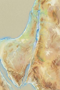  A map where coastlines, rivers, and mountain ridges are softly sketched in colored chalk — dusty textures blending at the edges, faint smudges suggesting valleys and plains — bright, rough, and fleeting.