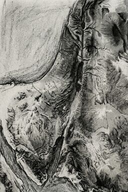  A gritty, high-contrast charcoal map with bold strokes and ashy textures. Mountains are smudged with depth, valleys scraped with grain. Feels like an artist dragged the terrain from stone.